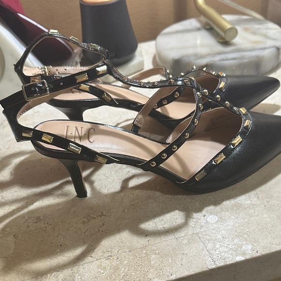 INC International Concepts Black Pointed T-Strap Heels with Gold Studs - Picture 2 of 3